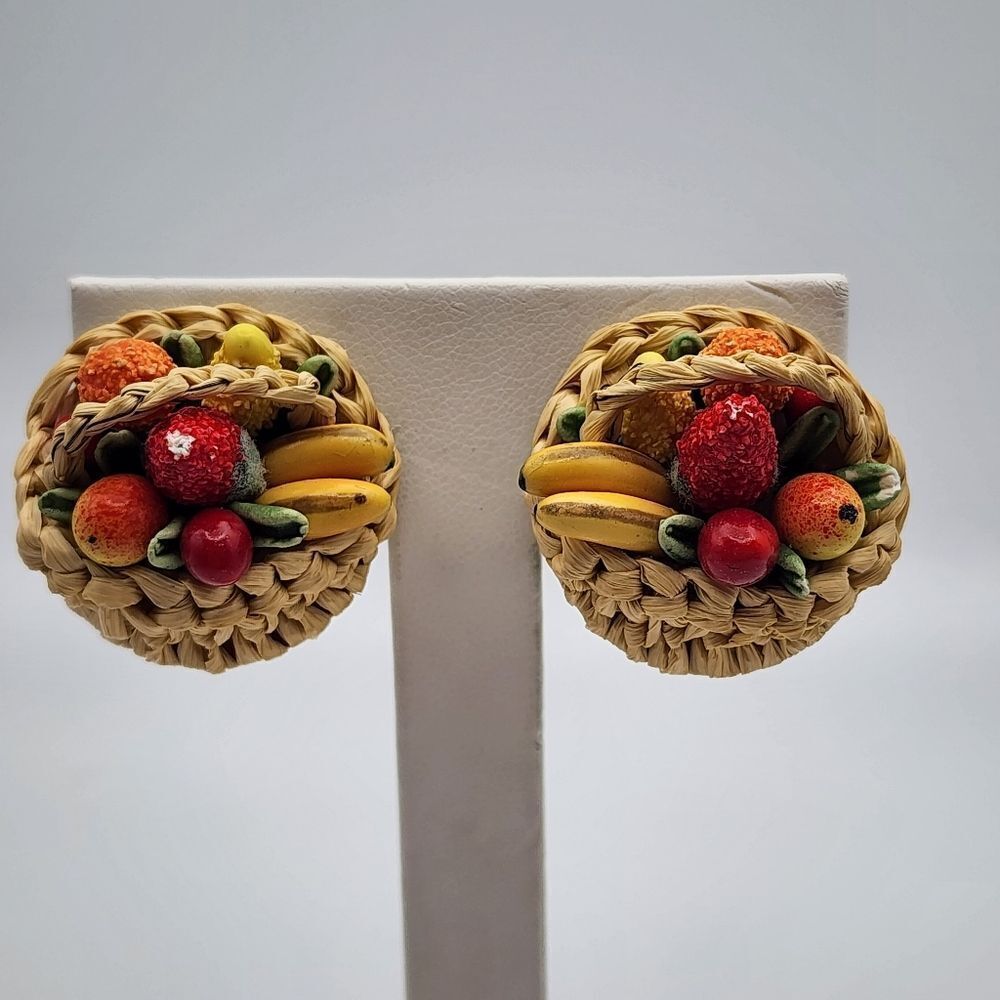 Vintage Western Germany Fruit Basket Clip-On Earrings